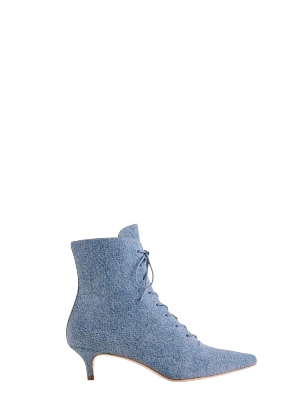 NWOT Reformation Kittie Denim Lace Up Pointed Toe Kitten Heel Boots, Size 7.5